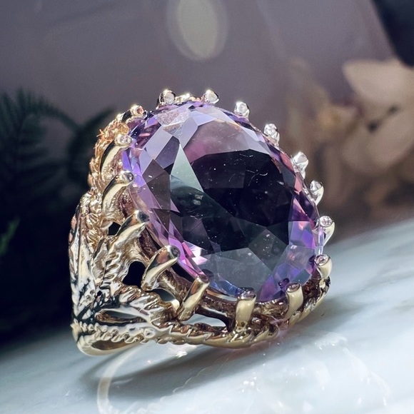 Vintage Estate Giant Amethyst Ring Solid 14k Gold caged prongs Filigree Ring - Picture 4 of 17
